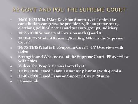 1. 10:00-10:25 Mind Map Revision Summary of Topics: the constitution, congress, the presidency, the supreme court, elections, political parties and pressure.