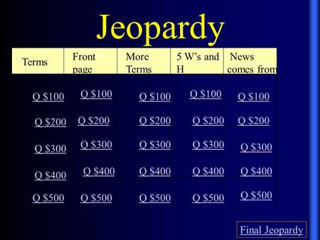 Jeopardy Terms Front page More Terms 5 W’s and H News comes from Q $100 Q $200 Q $300 Q $400 Q $500 Q $100 Q $200 Q $300 Q $400 Q $500 Final Jeopardy.