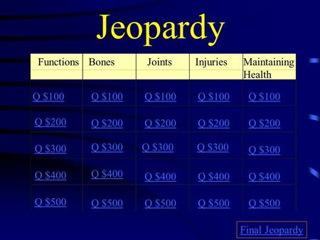 Jeopardy FunctionsBonesJointsInjuriesMaintaining Health Q $100 Q $200 Q $300 Q $400 Q $500 Q $100 Q $200 Q $300 Q $400 Q $500 Final Jeopardy.