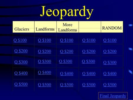 Jeopardy GlaciersLandforms More Landforms RANDOM Q $100 Q $200 Q $300 Q $400 Q $500 Q $100 Q $200 Q $300 Q $400 Q $500 Final Jeopardy.