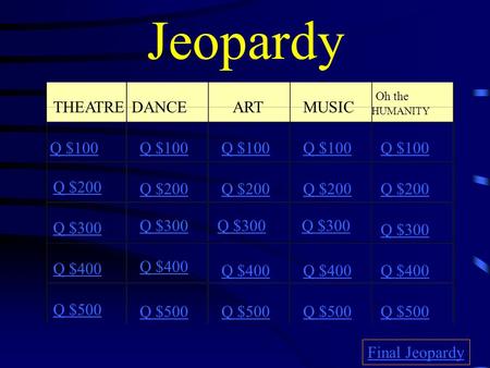 Jeopardy THEATREDANCE ARTMUSIC Oh the HUMANITY Q $100 Q $200 Q $300 Q $400 Q $500 Q $100 Q $200 Q $300 Q $400 Q $500 Final Jeopardy.