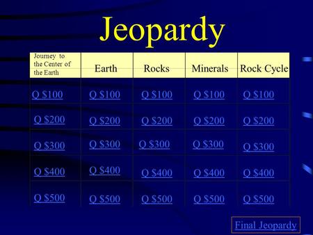 Jeopardy Journey to the Center of the Earth EarthRocksMinerals Rock Cycle Q $100 Q $200 Q $300 Q $400 Q $500 Q $100 Q $200 Q $300 Q $400 Q $500 Final.