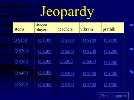 Jeopardy stems Soccer players teachersvikram prathik Q $100 Q $200 Q $300 Q $400 Q $500 Q $100 Q $200 Q $300 Q $400 Q $500 Final Jeopardy.