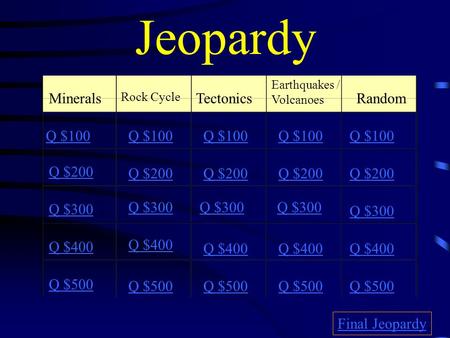 Jeopardy Minerals Rock Cycle Tectonics Earthquakes / Volcanoes Random Q $100 Q $200 Q $300 Q $400 Q $500 Q $100 Q $200 Q $300 Q $400 Q $500 Final Jeopardy.