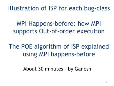 Illustration of ISP for each bug-class MPI Happens-before: how MPI supports Out-of-order execution The POE algorithm of ISP explained using MPI happens-before.