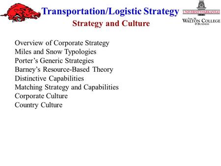 Strategy and Culture Transportation/Logistic Strategy Overview of Corporate Strategy Miles and Snow Typologies Porter’s Generic Strategies Barney’s Resource-Based.