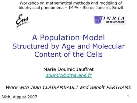 1 A Population Model Structured by Age and Molecular Content of the Cells Marie Doumic Jauffret Work with Jean CLAIRAMBAULT and Benoît.