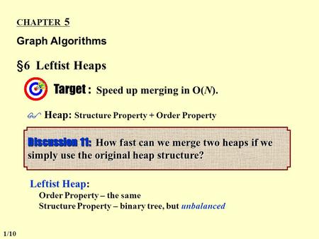 §6 Leftist Heaps CHAPTER 5 Graph Algorithms  Heap: Structure Property + Order Property Target : Speed up merging in O(N). Leftist Heap: Order Property.