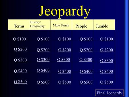 Jeopardy Terms History/ Geography More Terms People Jumble Q $100 Q $200 Q $300 Q $400 Q $500 Q $100 Q $200 Q $300 Q $400 Q $500 Final Jeopardy.