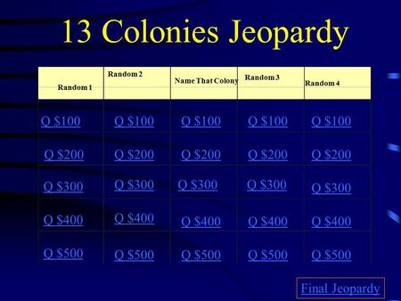 13 Colonies Jeopardy Random 1 Random 2 Name That Colony Random 3 Random 4 Q $100 Q $200 Q $300 Q $400 Q $500 Q $100 Q $200 Q $300 Q $400 Q $500 Final.