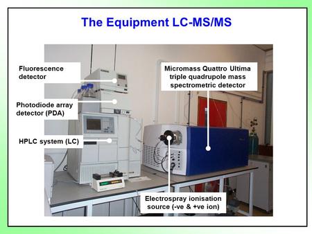 Micromass Quattro Ultima triple quadrupole mass spectrometric detector HPLC system (LC) Electrospray ionisation source (-ve & +ve ion) Photodiode array.