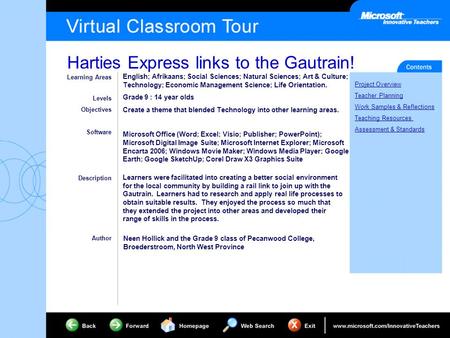 Harties Express links to the Gautrain! Project Overview Teacher Planning Work Samples & Reflections Teaching Resources Assessment & Standards Learning.