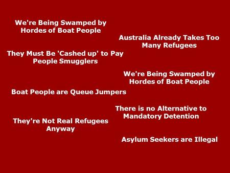 Asylum Seekers are Illegal Australia Already Takes Too Many Refugees We're Being Swamped by Hordes of Boat People They're Not Real Refugees Anyway They.