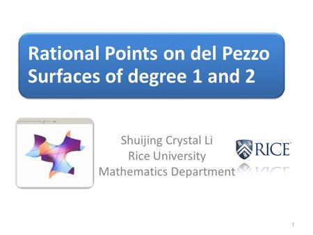 Shuijing Crystal Li Rice University Mathematics Department 1 Rational Points on del Pezzo Surfaces of degree 1 and 2.