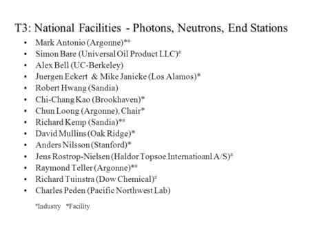 T3: National Facilities - Photons, Neutrons, End Stations Mark Antonio (Argonne)* # Simon Bare (Universal Oil Product LLC) # Alex Bell (UC-Berkeley) Juergen.
