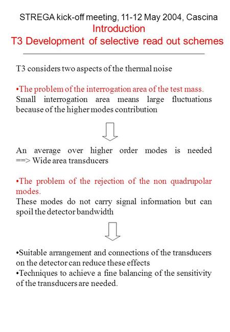 T3 considers two aspects of the thermal noise The problem of the interrogation area of the test mass. Small interrogation area means large fluctuations.