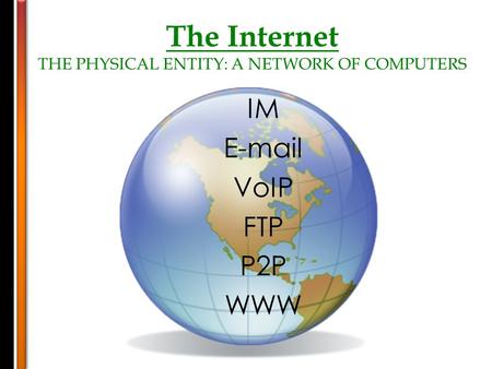 The Internet THE PHYSICAL ENTITY: A NETWORK OF COMPUTERS IM E-mail VoIP FTP P2P WWW.