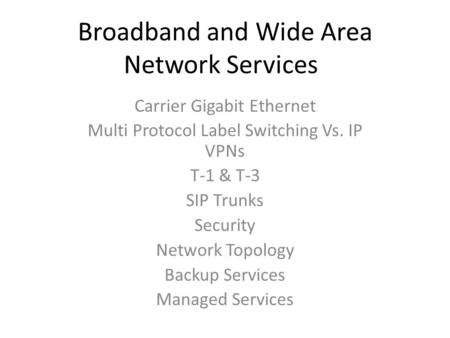 Broadband and Wide Area Network Services Carrier Gigabit Ethernet Multi Protocol Label Switching Vs. IP VPNs T-1 & T-3 SIP Trunks Security Network Topology.