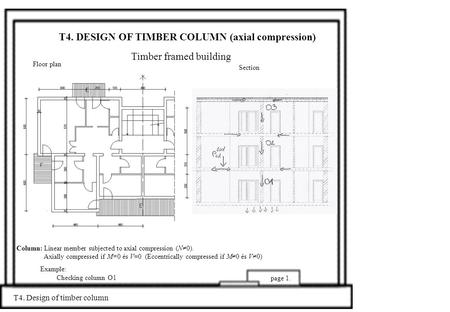 T4. DESIGN OF TIMBER COLUMN (axial compression) T4. Design of timber column page 1. Timber framed building Floor plan Section Example: Checking column.