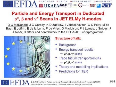 1/15 D. C. McDonald et al, Particle and Energy Transport in Dedicated  *,  and  * Scans in JET ELMy H-modes, IAEA - 20th Fusion Energy Conference, Vilamoura,