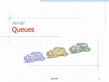 Queues1 Part-B2 Queues. Queues2 The Queue ADT (§4.3) The Queue ADT stores arbitrary objects Insertions and deletions follow the first-in first-out scheme.