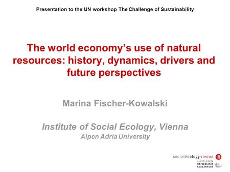 Presentation to the UN workshop The Challenge of Sustainability