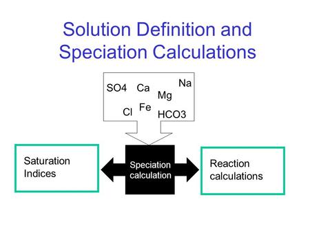 Solution Definition and Speciation Calculations Ca Na SO4 Mg Fe Cl HCO3 Reaction calculations Saturation Indices Speciation calculation.