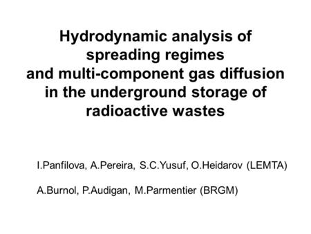 Hydrodynamic analysis of spreading regimes and multi-component gas diffusion in the underground storage of radioactive wastes I.Panfilova, A.Pereira, S.C.Yusuf,