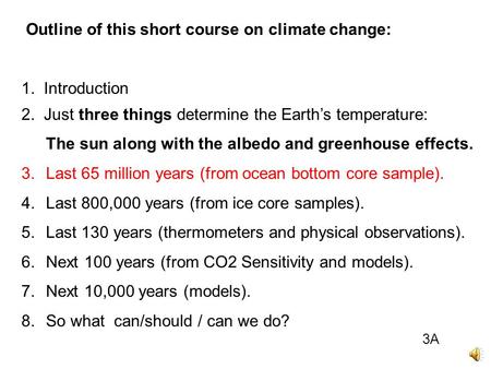 Outline of this short course on climate change: 1. Introduction 2. Just three things determine the Earth’s temperature: The sun along with the albedo.