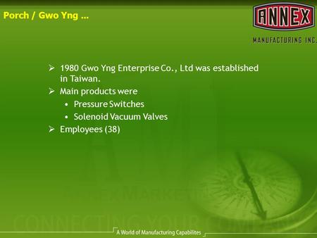  1980 Gwo Yng Enterprise Co., Ltd was established in Taiwan.  Main products were Pressure Switches Solenoid Vacuum Valves  Employees (38) Porch / Gwo.