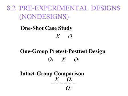 8.2 PRE-EXPERIMENTAL DESIGNS (NONDESIGNS) One-Shot Case Study X O One-Group Pretest-Posttest Design O 1 X O 2 Intact-Group Comparison X O 1 ─ ─ ─ O 2.