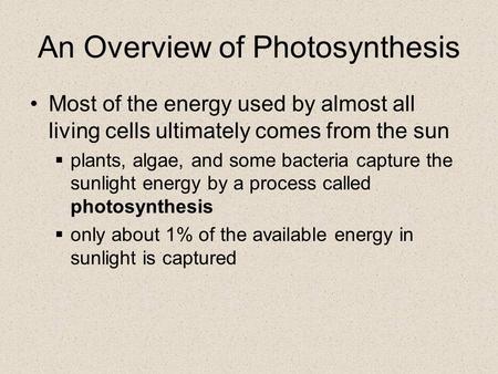 An Overview of Photosynthesis Most of the energy used by almost all living cells ultimately comes from the sun  plants, algae, and some bacteria capture.