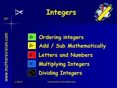 17-Apr-15Created by Mr. Lafferty Maths Dept Ordering integers Integers www.mathsrevision.com Add / Sub Mathematically Letters and Numbers Multiplying Integers.