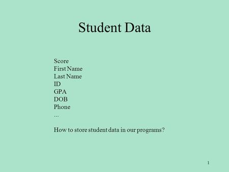 Student Data Score First Name Last Name ID GPA DOB Phone... How to store student data in our programs? 1.