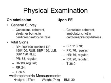 Physical Examination On admission Upon PE General Survey Vital Signs