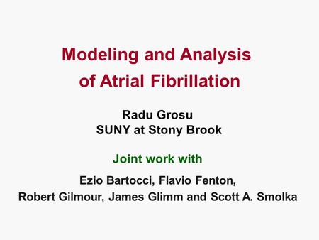 Radu Grosu SUNY at Stony Brook Modeling and Analysis of Atrial Fibrillation Joint work with Ezio Bartocci, Flavio Fenton, Robert Gilmour, James Glimm and.
