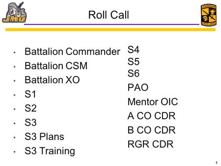 Roll Call S4 Battalion Commander S5 Battalion CSM S6 Battalion XO PAO