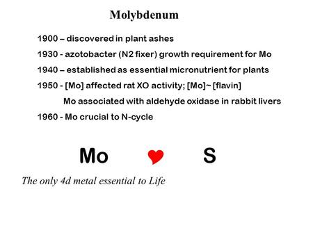 Molybdenum 1900 – discovered in plant ashes 1930 - azotobacter (N2 fixer) growth requirement for Mo 1940 – established as essential micronutrient for plants.