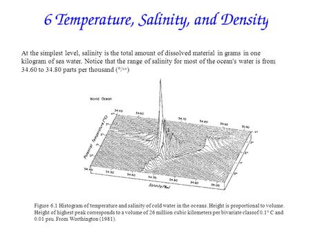At the simplest level, salinity is the total amount of dissolved material in grams in one kilogram of sea water. Notice that the range of salinity for.