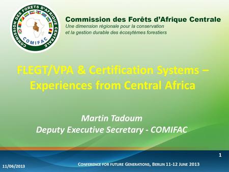 FLEGT/VPA & Certification Systems – Experiences from Central Africa Martin Tadoum Deputy Executive Secretary - COMIFAC C ONFERENCE FOR FUTURE G ENERATIONS,