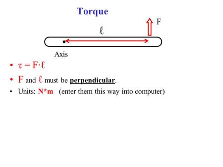 ℓ Torque τ = F·ℓ F and ℓ must be perpendicular. F Axis