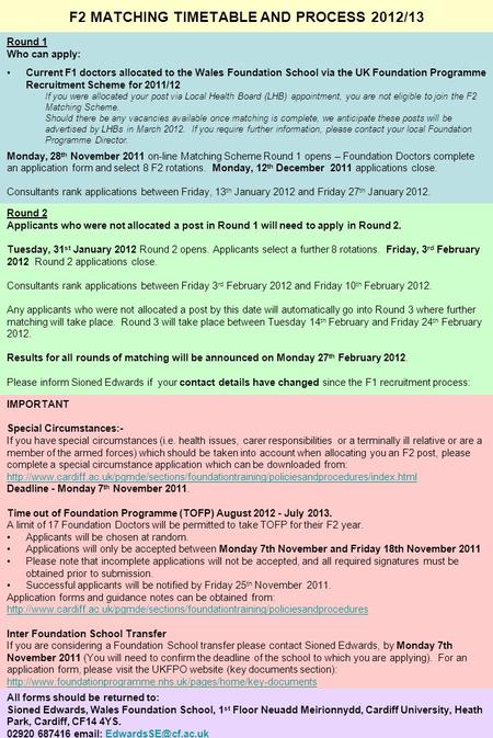 F2 MATCHING TIMETABLE AND PROCESS 2012/13 Round 1 Who can apply: Current F1 doctors allocated to the Wales Foundation School via the UK Foundation Programme.