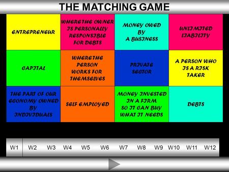 10 THE MATCHING GAME THE MATCHING GAME W1W2W3W4W5W6W7W8W9W10W11W12 ENTREPRENEUR WHERE THE OWNER IS PERSONALLY RESPONSIBLE FOR DEBTS MONEY OWED BY A BUSINESS.
