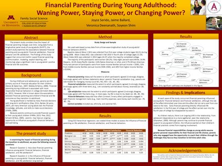 Financial Parenting During Young Adulthood: Waning Power, Staying Power, or Changing Power? Joyce Serido, Jaime Ballard, Veronica Deenanath, Soyeon Shim.