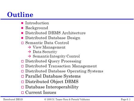 Distributed DBMSPage 6. 1© 1998 M. Tamer Özsu & Patrick Valduriez Outline Introduction Background Distributed DBMS Architecture Distributed Database Design.