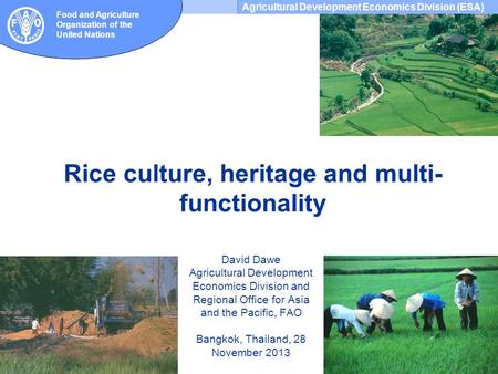 Agricultural Development Economics Division (ESA) Food and Agriculture Organization of the United Nations Rice culture, heritage and multi- functionality.