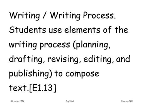 Process Skill Writing / Writing Process. Students use elements of the writing process (planning, drafting, revising, editing, and publishing) to compose.