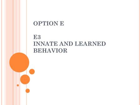 OPTION E E3 INNATE AND LEARNED BEHAVIOR. A NIMAL B EHAVIOR Behavior – an animal’s response to stimuli in its environment capacity for behavior is Learning.