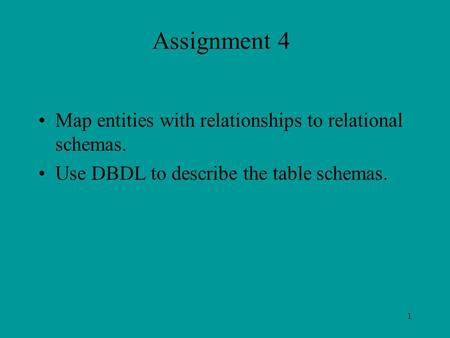 1 Assignment 4 Map entities with relationships to relational schemas. Use DBDL to describe the table schemas.