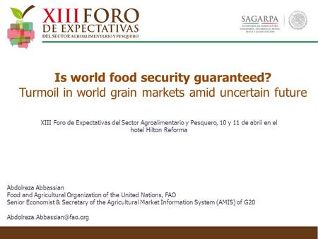 Is world food security guaranteed? Turmoil in world grain markets amid uncertain future Abdolreza Abbassian Food and Agricultural Organization of the United.